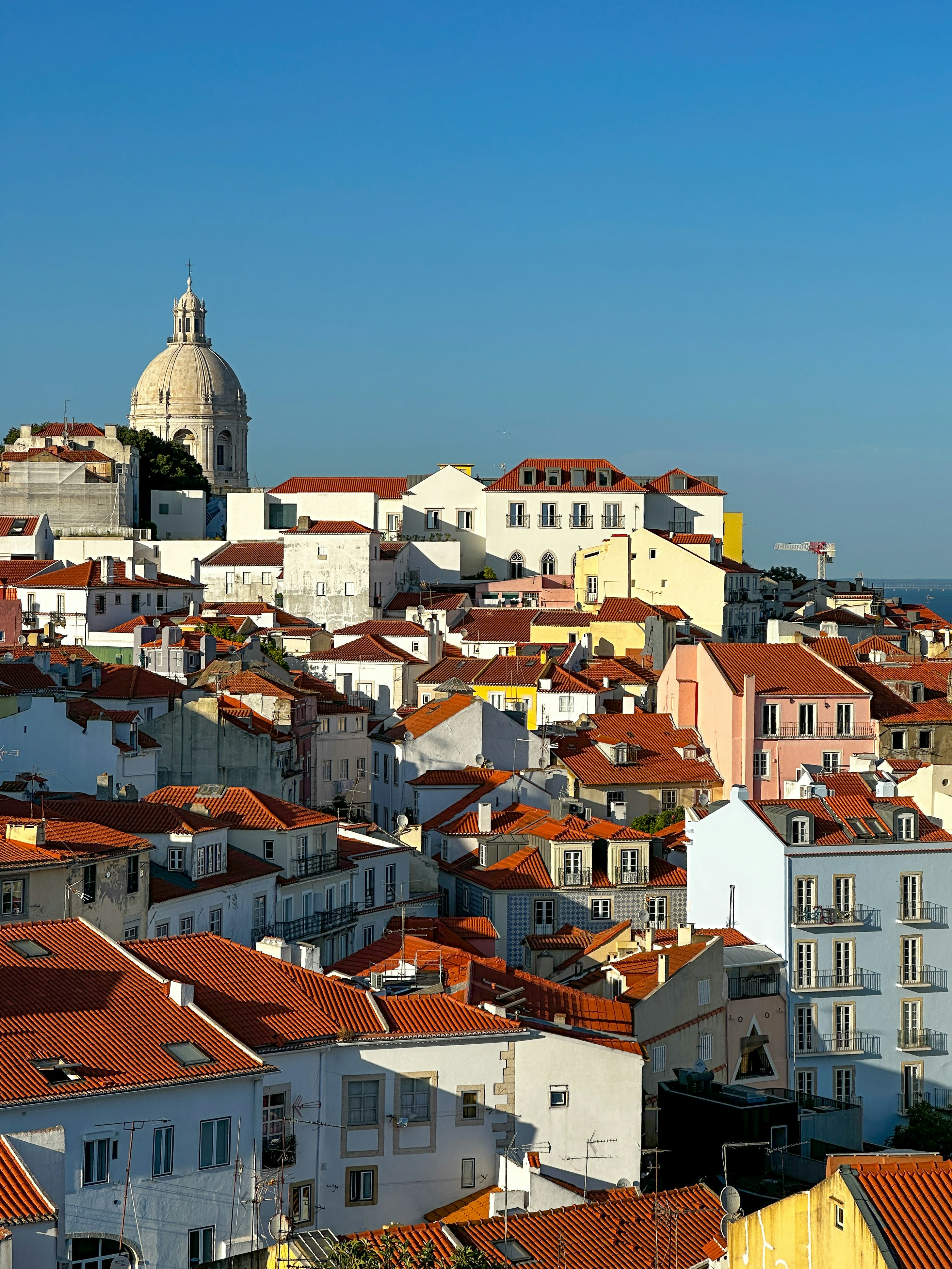 Hill of Lisbon houses with terracotta roofs and the dome of Santa Engrácia under a clear sky