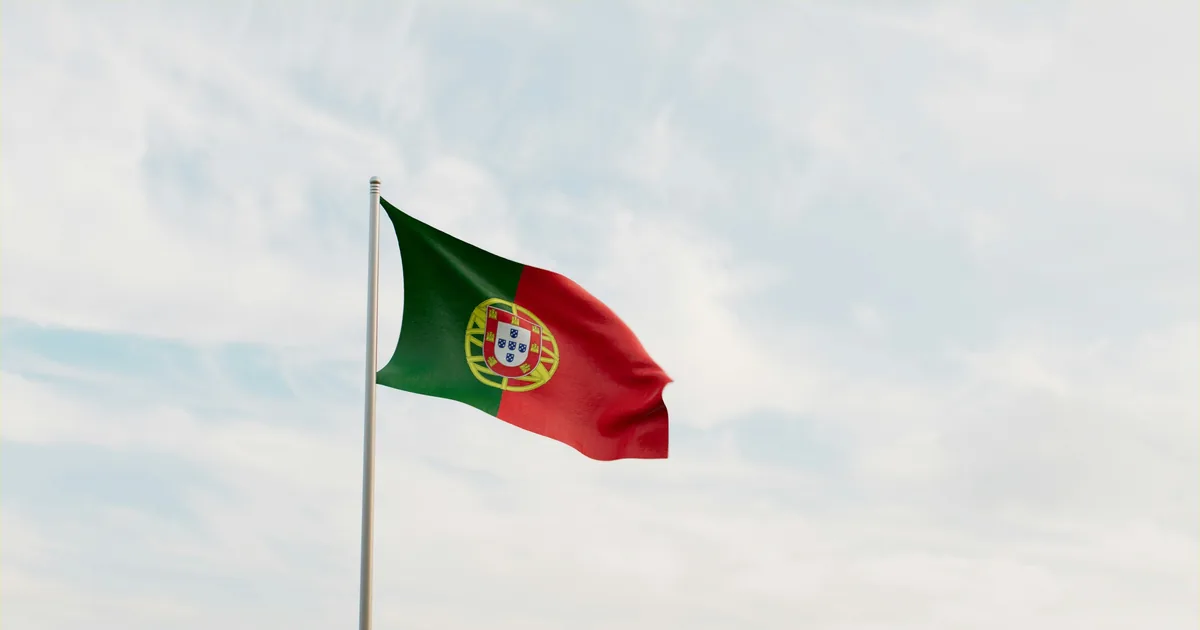 Portuguese flag on a silver pole against a pale, cloudy sky